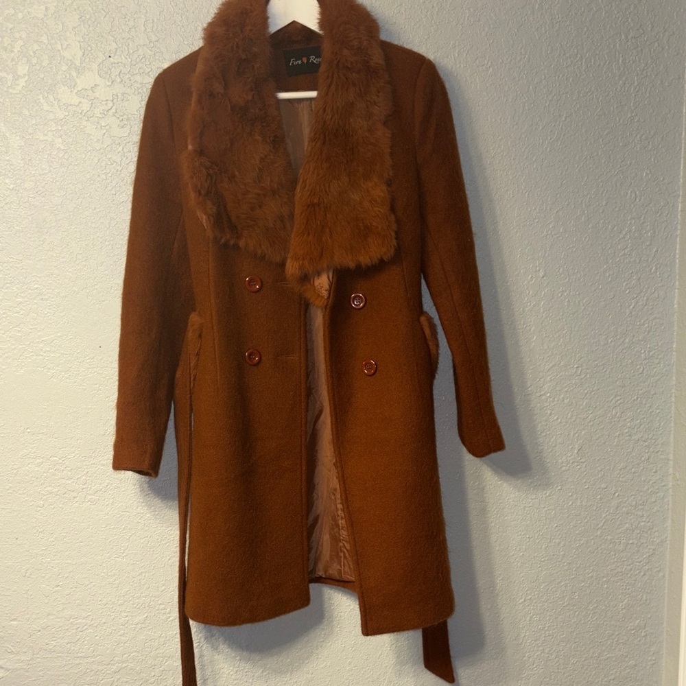 Elegant Brown Teddy Jacket with Faux Fur Collar Cashmere Coat